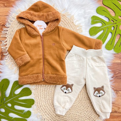 Conj. Jaqueta de Soft com Capuz e Calça de Linho Raposinha - Caramelo